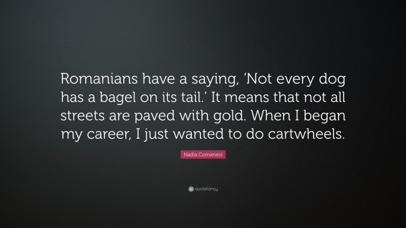 Nadia Comaneci Quote: “Romanians have a saying, ‘Not every dog has a bagel on its tail.’ It means that not all streets are paved with gold. When I began my career, I just wanted to do cartwheels.”