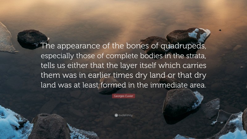 Georges Cuvier Quote: “The appearance of the bones of quadrupeds, especially those of complete bodies in the strata, tells us either that the layer itself which carries them was in earlier times dry land or that dry land was at least formed in the immediate area.”