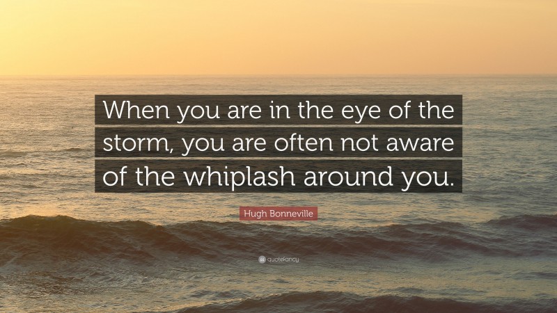 Hugh Bonneville Quote: “When you are in the eye of the storm, you are often not aware of the whiplash around you.”