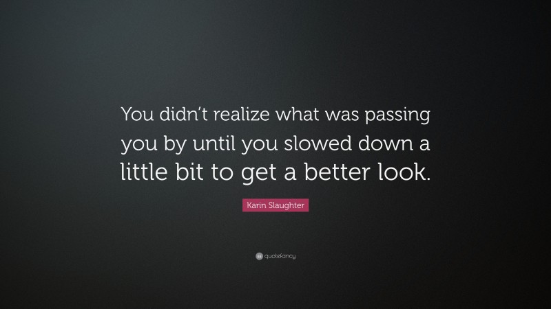 Karin Slaughter Quote: “You didn’t realize what was passing you by until you slowed down a little bit to get a better look.”
