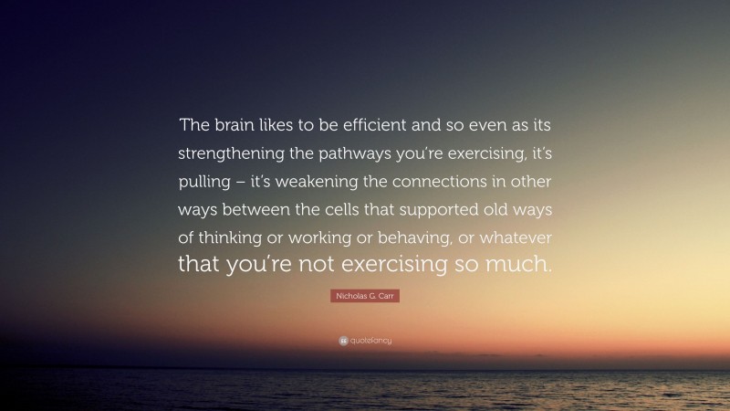 Nicholas G. Carr Quote: “The brain likes to be efficient and so even as its strengthening the pathways you’re exercising, it’s pulling – it’s weakening the connections in other ways between the cells that supported old ways of thinking or working or behaving, or whatever that you’re not exercising so much.”