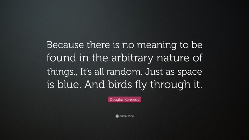 Douglas Kennedy Quote: “Because there is no meaning to be found in the arbitrary nature of things., It’s all random. Just as space is blue. And birds fly through it.”