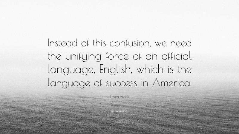 Ernest Istook Quote: “Instead of this confusion, we need the unifying force of an official language, English, which is the language of success in America.”