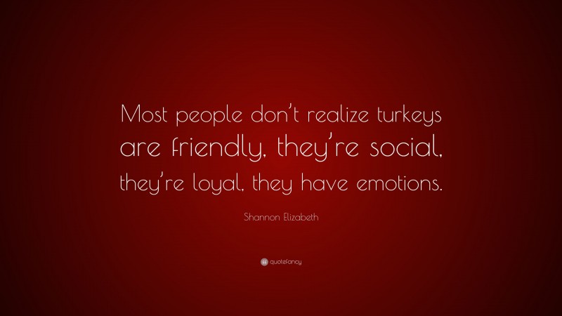 Shannon Elizabeth Quote: “Most people don’t realize turkeys are friendly, they’re social, they’re loyal, they have emotions.”