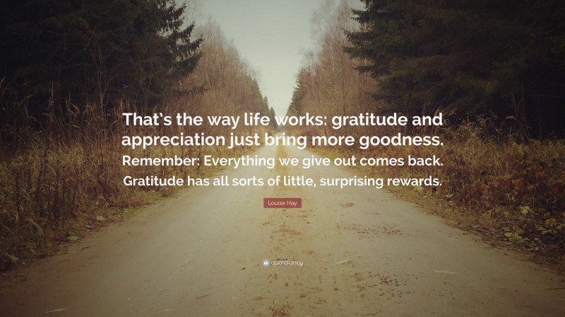 Louise Hay Quote: “That’s the way life works: gratitude and appreciation just bring more goodness. Remember: Everything we give out comes back. Gratitude has all sorts of little, surprising rewards.”