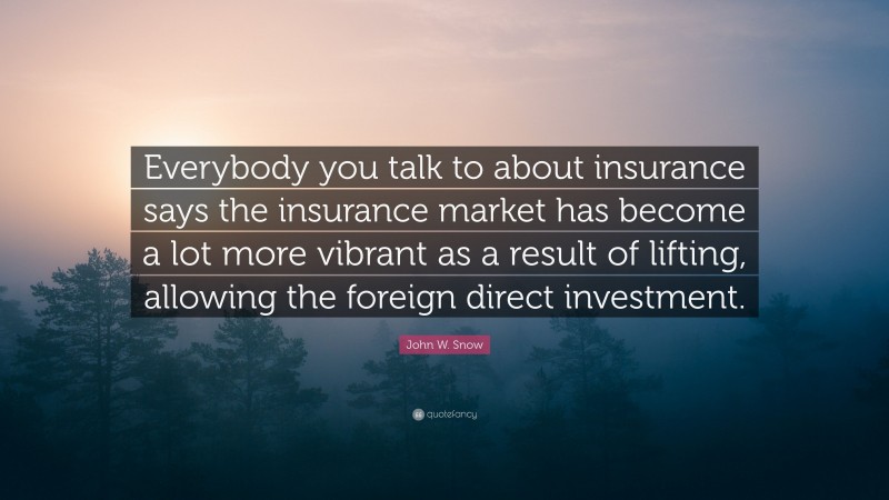 John W. Snow Quote: “Everybody you talk to about insurance says the insurance market has become a lot more vibrant as a result of lifting, allowing the foreign direct investment.”