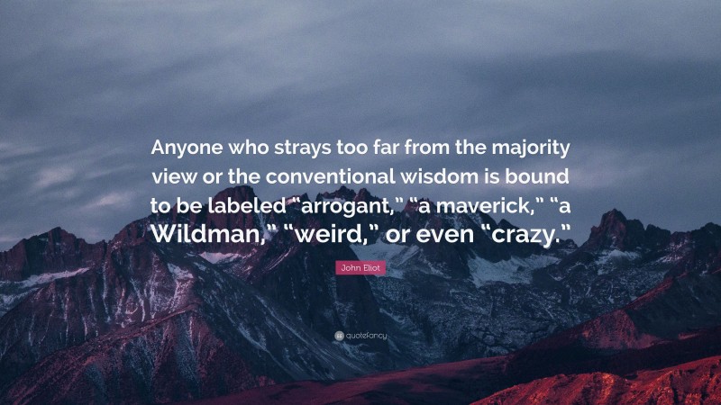 John Eliot Quote: “Anyone who strays too far from the majority view or the conventional wisdom is bound to be labeled “arrogant,” “a maverick,” “a Wildman,” “weird,” or even “crazy.””