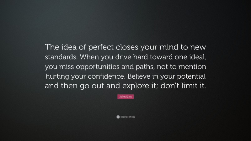 John Eliot Quote: “The idea of perfect closes your mind to new standards. When you drive hard toward one ideal, you miss opportunities and paths, not to mention hurting your confidence. Believe in your potential and then go out and explore it; don’t limit it.”