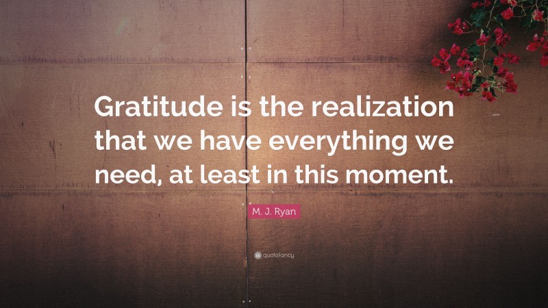 M. J. Ryan Quote: “Gratitude is the realization that we have everything we need, at least in this moment.”