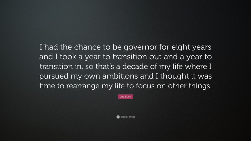 Jeb Bush Quote: “I had the chance to be governor for eight years and I took a year to transition out and a year to transition in, so that’s a decade of my life where I pursued my own ambitions and I thought it was time to rearrange my life to focus on other things.”