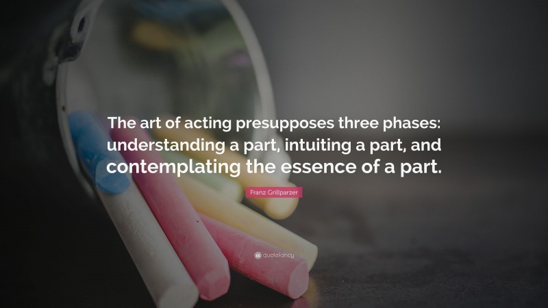 Franz Grillparzer Quote: “The art of acting presupposes three phases: understanding a part, intuiting a part, and contemplating the essence of a part.”