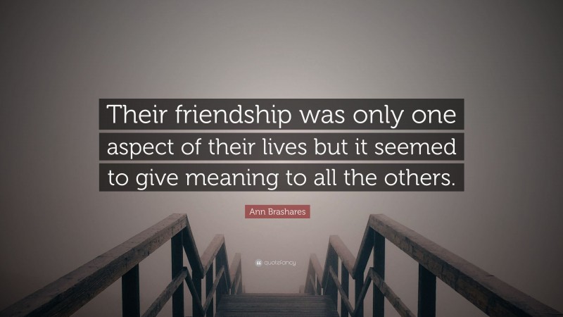 Ann Brashares Quote: “Their friendship was only one aspect of their lives but it seemed to give meaning to all the others.”