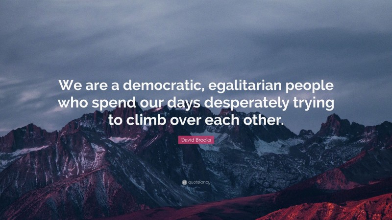 David Brooks Quote: “We are a democratic, egalitarian people who spend our days desperately trying to climb over each other.”