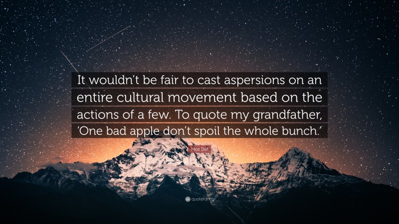 Mos Def Quote: “It wouldn’t be fair to cast aspersions on an entire cultural movement based on the actions of a few. To quote my grandfather, ‘One bad apple don’t spoil the whole bunch.’”