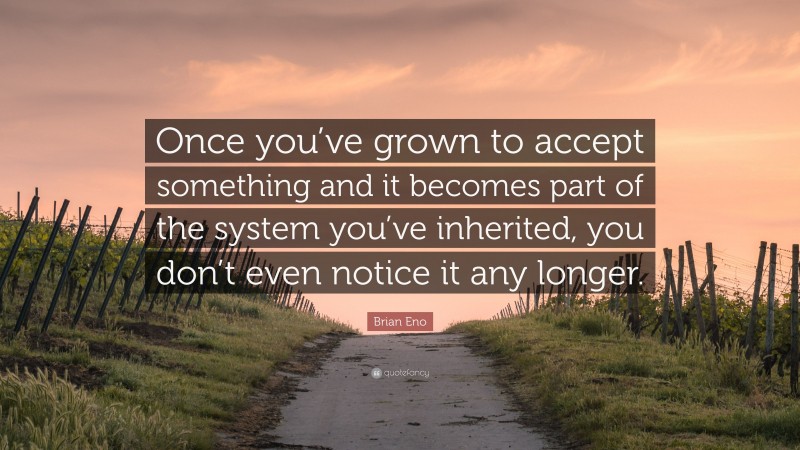 Brian Eno Quote: “Once you’ve grown to accept something and it becomes part of the system you’ve inherited, you don’t even notice it any longer.”