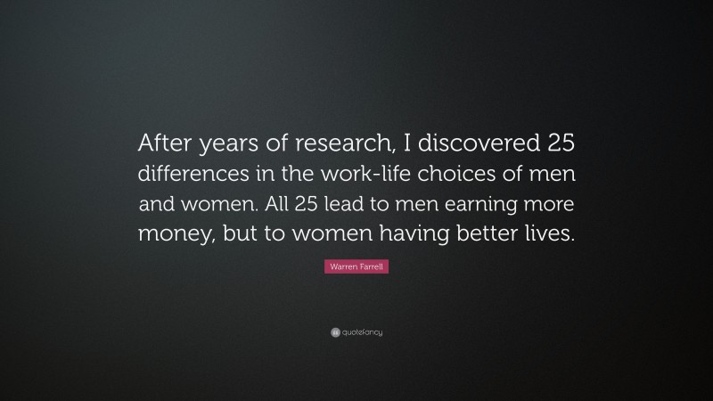 Warren Farrell Quote: “After years of research, I discovered 25 differences in the work-life choices of men and women. All 25 lead to men earning more money, but to women having better lives.”