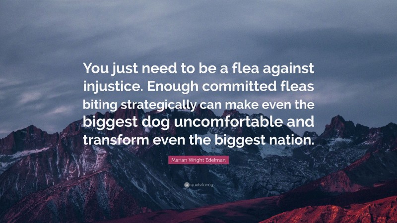 Marian Wright Edelman Quote: “You just need to be a flea against injustice. Enough committed fleas biting strategically can make even the biggest dog uncomfortable and transform even the biggest nation.”