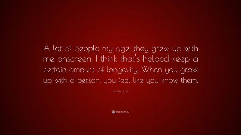 Kirsten Dunst Quote: “A lot of people my age, they grew up with me onscreen. I think that’s helped keep a certain amount of longevity. When you grow up with a person, you feel like you know them.”