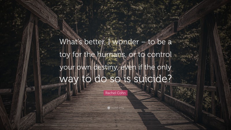 Rachel Cohn Quote: “What’s better, I wonder – to be a toy for the humans, or to control your own destiny, even if the only way to do so is suicide?”