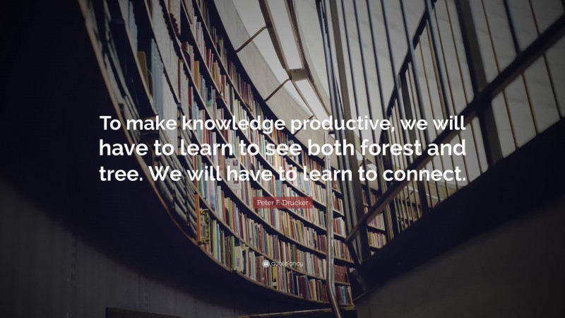 Peter F. Drucker Quote: “To make knowledge productive, we will have to learn to see both forest and tree. We will have to learn to connect.”