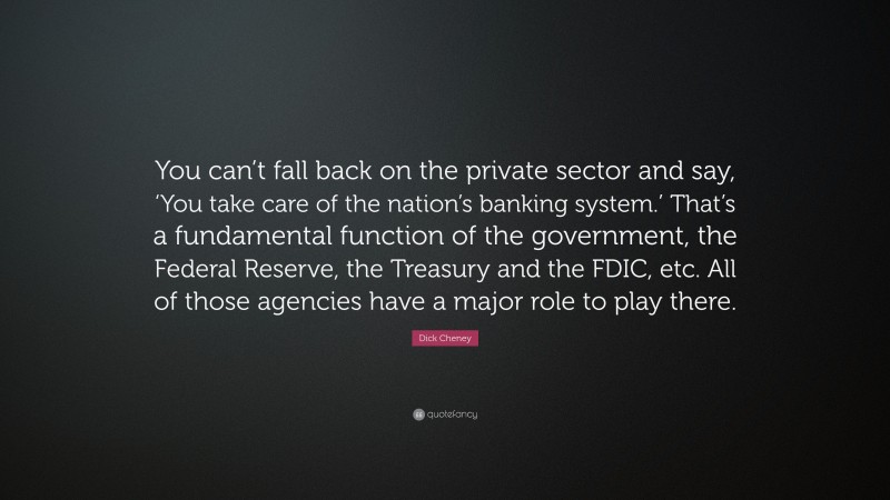 Dick Cheney Quote: “You can’t fall back on the private sector and say, ‘You take care of the nation’s banking system.’ That’s a fundamental function of the government, the Federal Reserve, the Treasury and the FDIC, etc. All of those agencies have a major role to play there.”