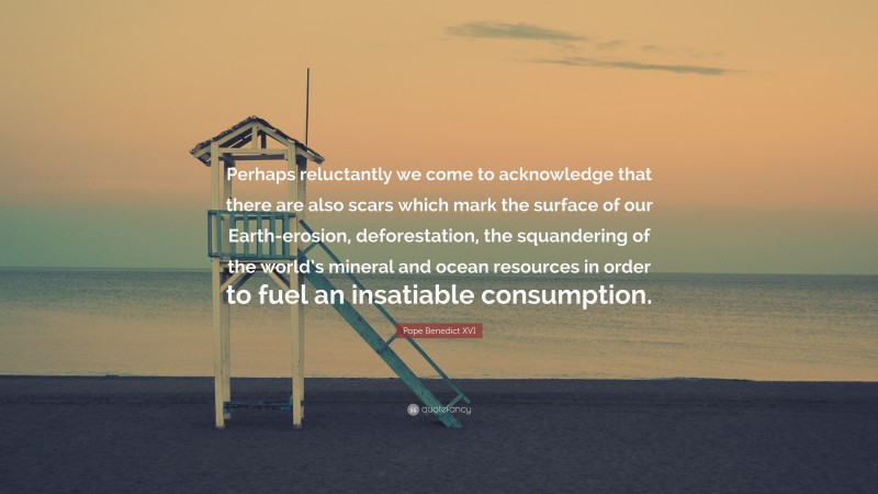 Pope Benedict XVI Quote: “Perhaps reluctantly we come to acknowledge that there are also scars which mark the surface of our Earth-erosion, deforestation, the squandering of the world’s mineral and ocean resources in order to fuel an insatiable consumption.”