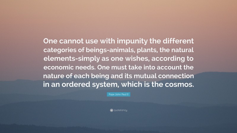 Pope John Paul II Quote: “One cannot use with impunity the different categories of beings-animals, plants, the natural elements-simply as one wishes, according to economic needs. One must take into account the nature of each being and its mutual connection in an ordered system, which is the cosmos.”