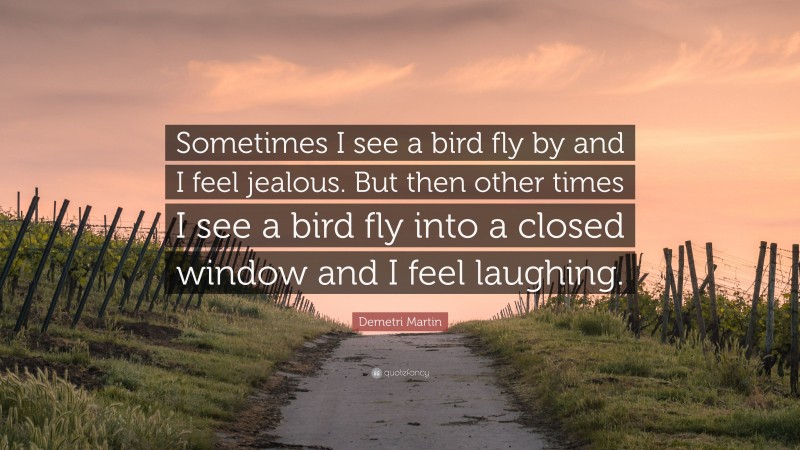 Demetri Martin Quote: “Sometimes I see a bird fly by and I feel jealous. But then other times I see a bird fly into a closed window and I feel laughing.”