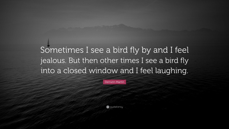 Demetri Martin Quote: “Sometimes I see a bird fly by and I feel jealous. But then other times I see a bird fly into a closed window and I feel laughing.”