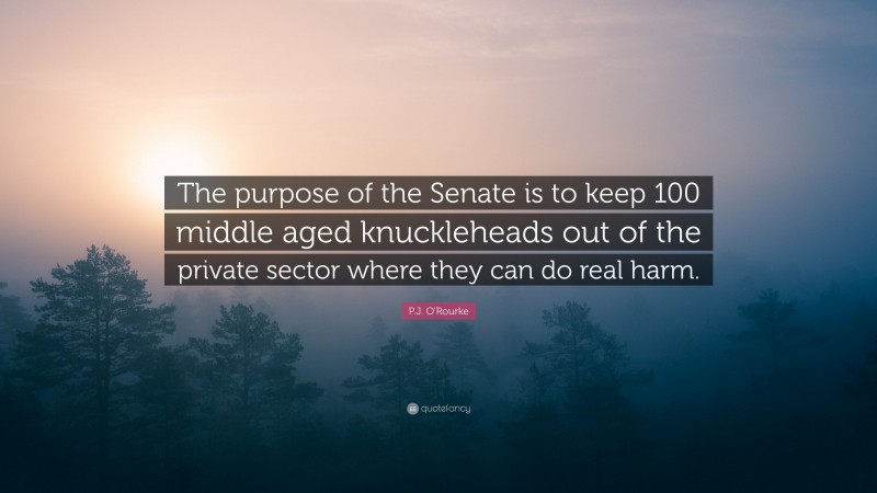 P.J. O'Rourke Quote: “The purpose of the Senate is to keep 100 middle aged knuckleheads out of the private sector where they can do real harm.”