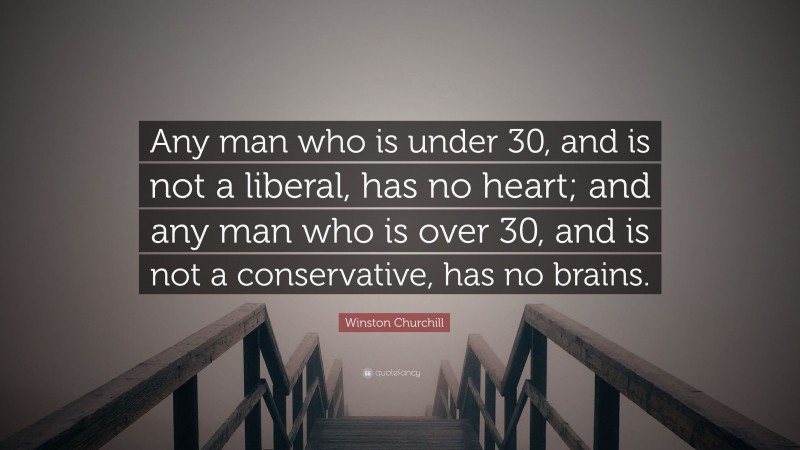 Winston Churchill Quote: “Any man who is under 30, and is not a liberal, has no heart; and any man who is over 30, and is not a conservative, has no brains.”