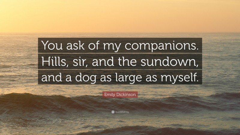 Emily Dickinson Quote: “You ask of my companions. Hills, sir, and the sundown, and a dog as large as myself.”