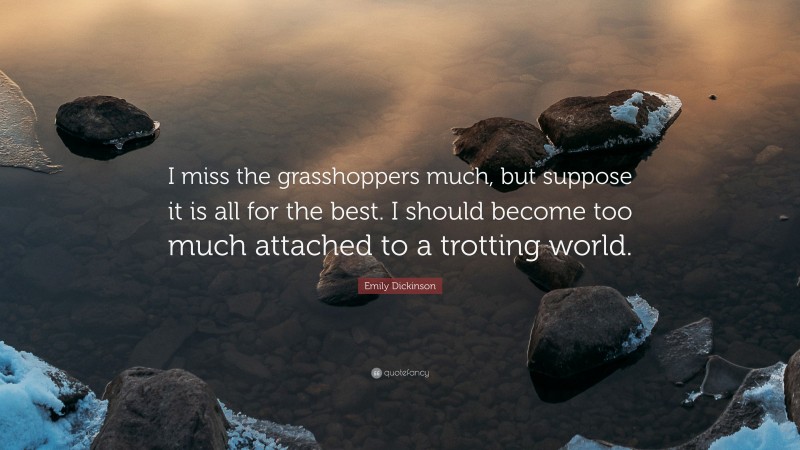 Emily Dickinson Quote: “I miss the grasshoppers much, but suppose it is all for the best. I should become too much attached to a trotting world.”