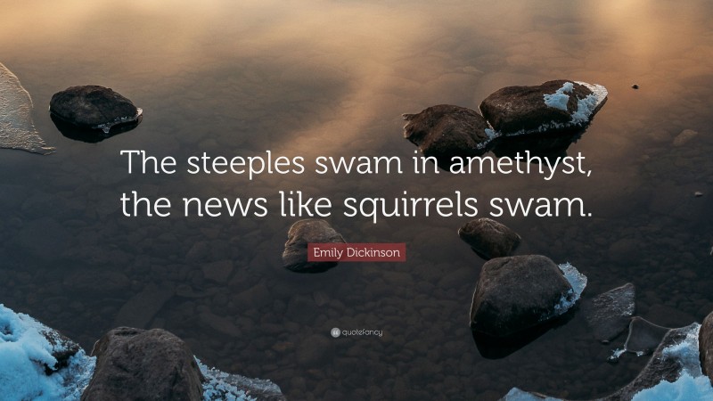 Emily Dickinson Quote: “The steeples swam in amethyst, the news like squirrels swam.”