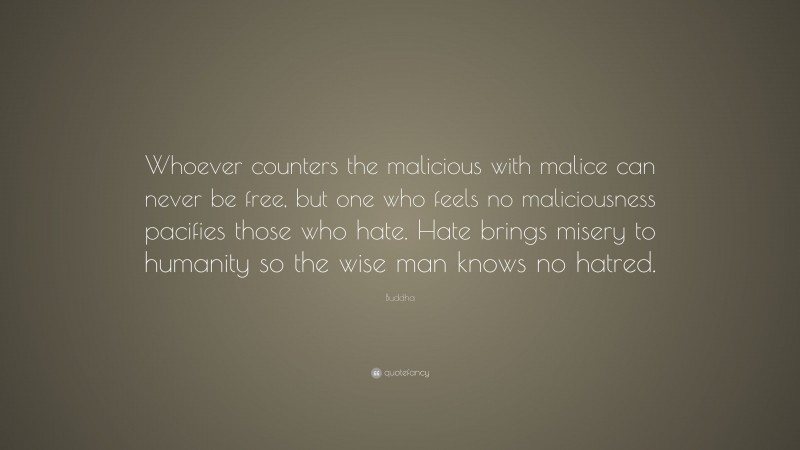 Buddha Quote: “Whoever counters the malicious with malice can never be free, but one who feels no maliciousness pacifies those who hate. Hate brings misery to humanity so the wise man knows no hatred.”