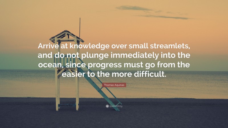 Thomas Aquinas Quote: “Arrive at knowledge over small streamlets, and do not plunge immediately into the ocean, since progress must go from the easier to the more difficult.”