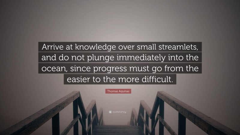 Thomas Aquinas Quote: “Arrive at knowledge over small streamlets, and do not plunge immediately into the ocean, since progress must go from the easier to the more difficult.”