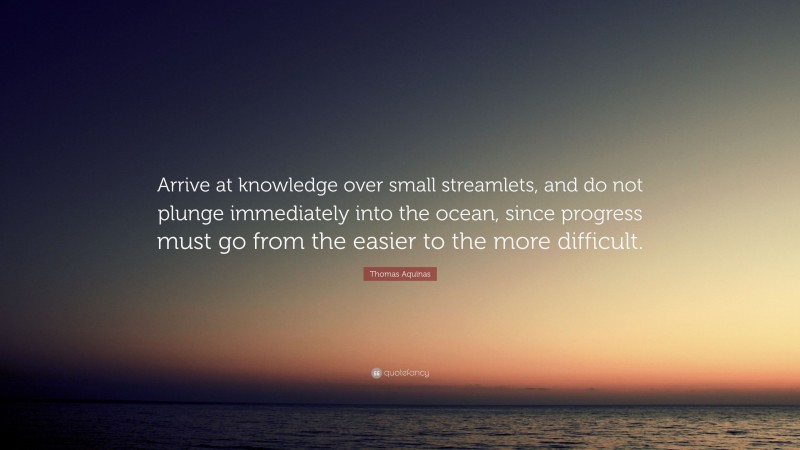 Thomas Aquinas Quote: “Arrive at knowledge over small streamlets, and do not plunge immediately into the ocean, since progress must go from the easier to the more difficult.”