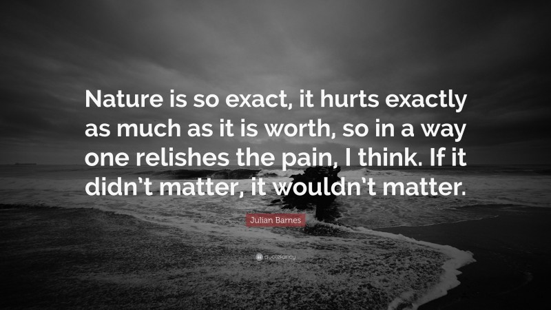 Julian Barnes Quote: “Nature is so exact, it hurts exactly as much as it is worth, so in a way one relishes the pain, I think. If it didn’t matter, it wouldn’t matter.”