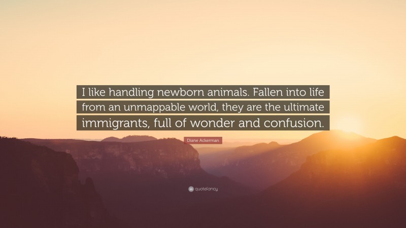 Diane Ackerman Quote: “I like handling newborn animals. Fallen into life from an unmappable world, they are the ultimate immigrants, full of wonder and confusion.”