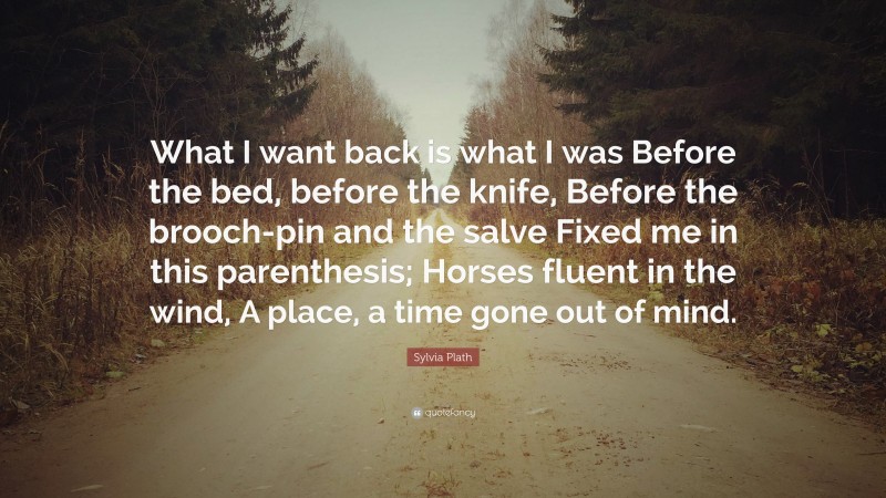 Sylvia Plath Quote: “What I want back is what I was Before the bed, before the knife, Before the brooch-pin and the salve Fixed me in this parenthesis; Horses fluent in the wind, A place, a time gone out of mind.”