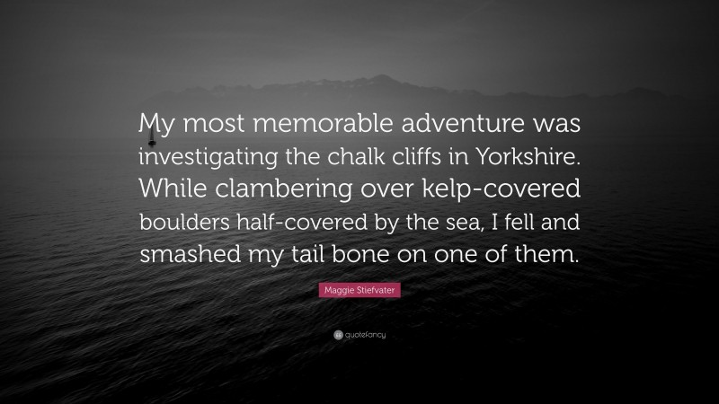 Maggie Stiefvater Quote: “My most memorable adventure was investigating the chalk cliffs in Yorkshire. While clambering over kelp-covered boulders half-covered by the sea, I fell and smashed my tail bone on one of them.”