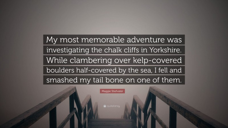 Maggie Stiefvater Quote: “My most memorable adventure was investigating the chalk cliffs in Yorkshire. While clambering over kelp-covered boulders half-covered by the sea, I fell and smashed my tail bone on one of them.”