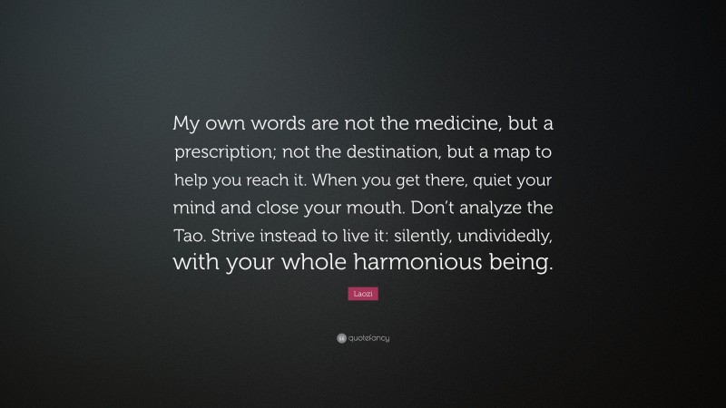 Laozi Quote: “My own words are not the medicine, but a prescription; not the destination, but a map to help you reach it. When you get there, quiet your mind and close your mouth. Don’t analyze the Tao. Strive instead to live it: silently, undividedly, with your whole harmonious being.”