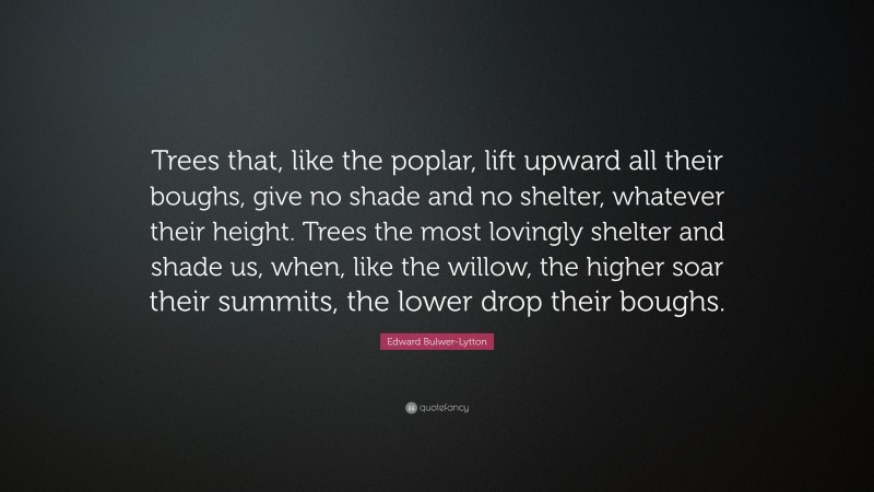Edward Bulwer-Lytton Quote: “Trees that, like the poplar, lift upward all their boughs, give no shade and no shelter, whatever their height. Trees the most lovingly shelter and shade us, when, like the willow, the higher soar their summits, the lower drop their boughs.”