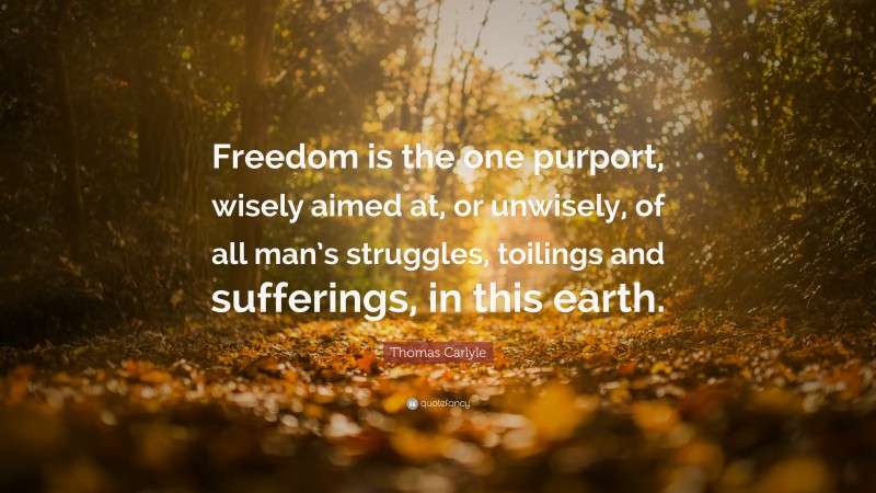 Thomas Carlyle Quote: “Freedom is the one purport, wisely aimed at, or unwisely, of all man’s struggles, toilings and sufferings, in this earth.”