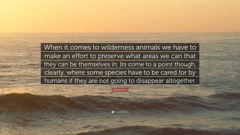 Matthew Fox Quote: “When it comes to wilderness animals we have to make an effort to preserve what areas we can that they can be themselves in. Its come to a point though, clearly, where some species have to be cared for by humans if they are not going to disappear altogether.”