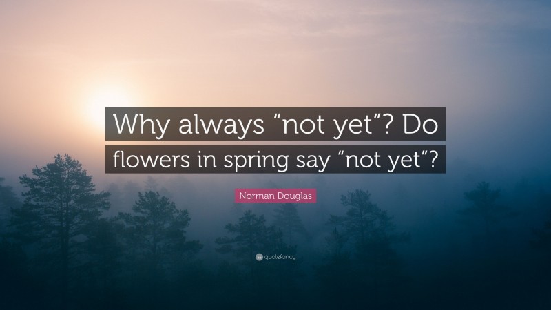 Norman Douglas Quote: “Why always “not yet”? Do flowers in spring say “not yet”?”