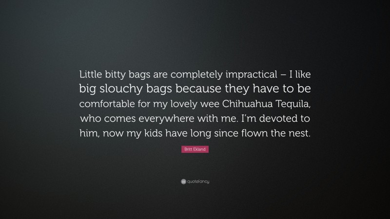 Britt Ekland Quote: “Little bitty bags are completely impractical – I like big slouchy bags because they have to be comfortable for my lovely wee Chihuahua Tequila, who comes everywhere with me. I’m devoted to him, now my kids have long since flown the nest.”
