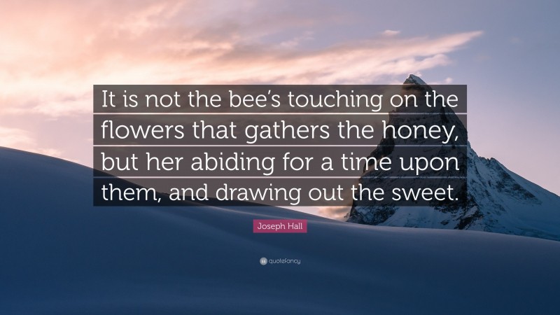 Joseph Hall Quote: “It is not the bee’s touching on the flowers that gathers the honey, but her abiding for a time upon them, and drawing out the sweet.”